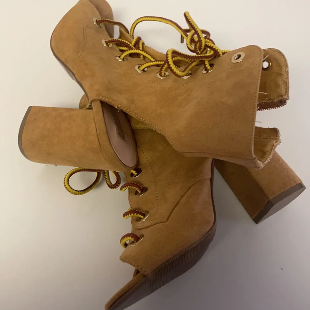 - Forever 21 open toe lace up boot tan boot sandals size 6